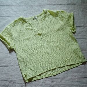 Lucky Brand Yellow-Green Boxy Textured Gauzy Blouse